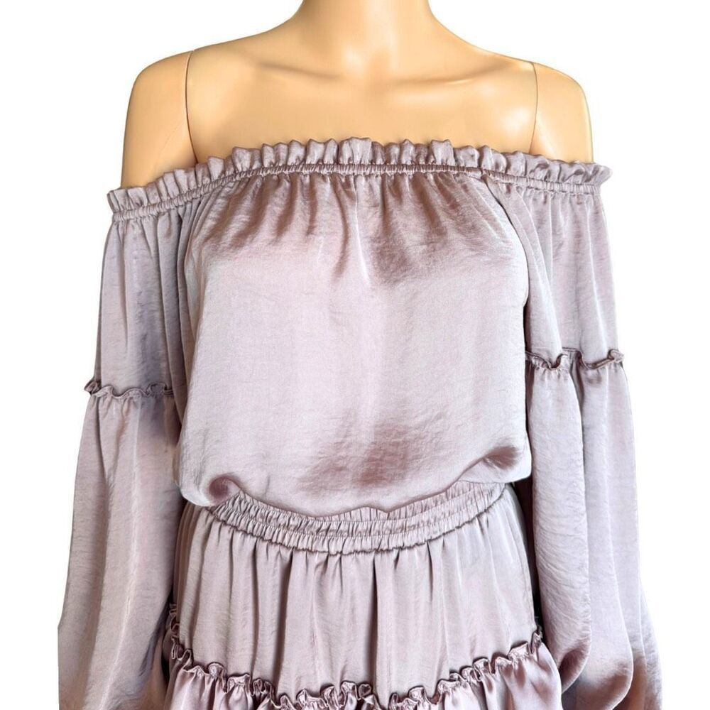 MISA Los Angeles Romi Mauve Satin Tiered Off Shoulder Mini Dress Coquette Boho - Picture 4 of 7